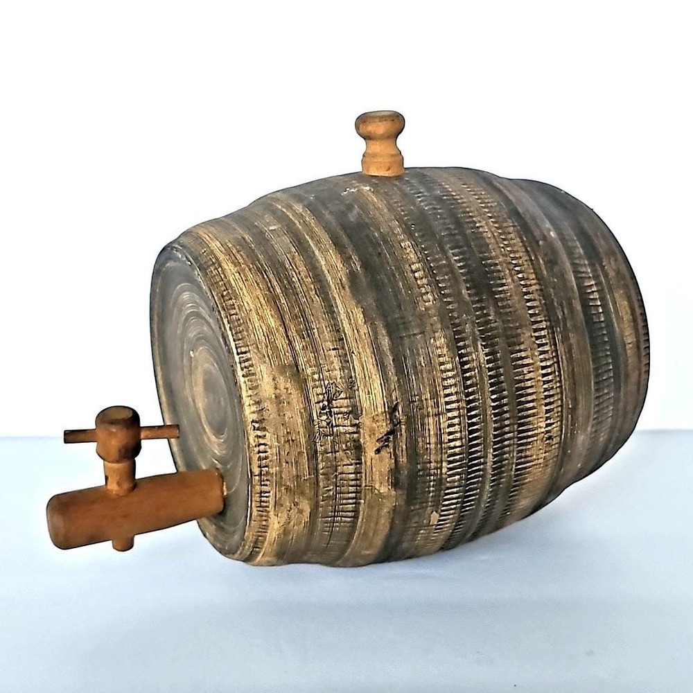Vintage Ceramic Whiskey Barrel Decanter‎ Faux Wood Spigot USA Barware Primitive